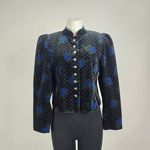 Vintage Julius Lang Black Blue Floral Velvet Cropped Jacket Size S/M