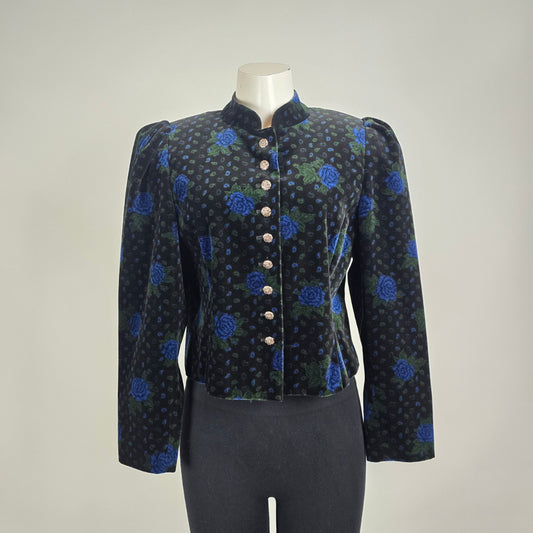 Vintage Julius Lang Black Blue Floral Velvet Cropped Jacket Size S/M