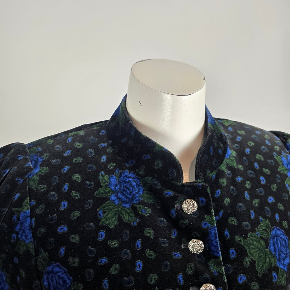 Vintage Julius Lang Black Blue Floral Velvet Cropped Jacket Size S/M
