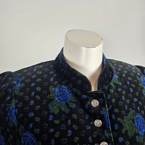Vintage Julius Lang Black Blue Floral Velvet Cropped Jacket Size S/M