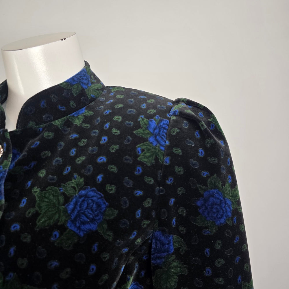 Vintage Julius Lang Black Blue Floral Velvet Cropped Jacket Size S/M