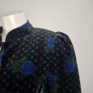 Vintage Julius Lang Black Blue Floral Velvet Cropped Jacket Size S/M
