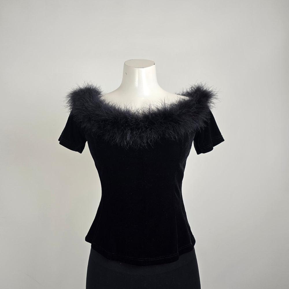 Vintage Vera Mont France Black Velvet Feather Trim Top Size 6