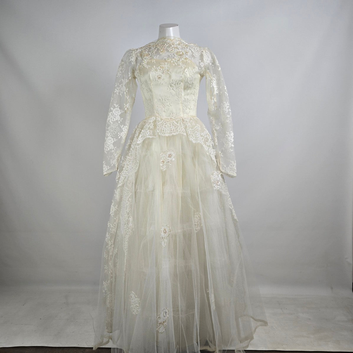 Vintage 70s Lace Tulle Beaded Wedding Dress Bridal Gown