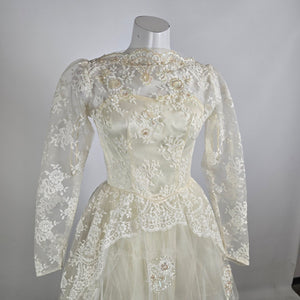 Vintage 70s Lace Tulle Beaded Wedding Dress Bridal Gown