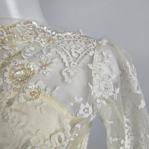 Vintage 70s Lace Tulle Beaded Wedding Dress Bridal Gown