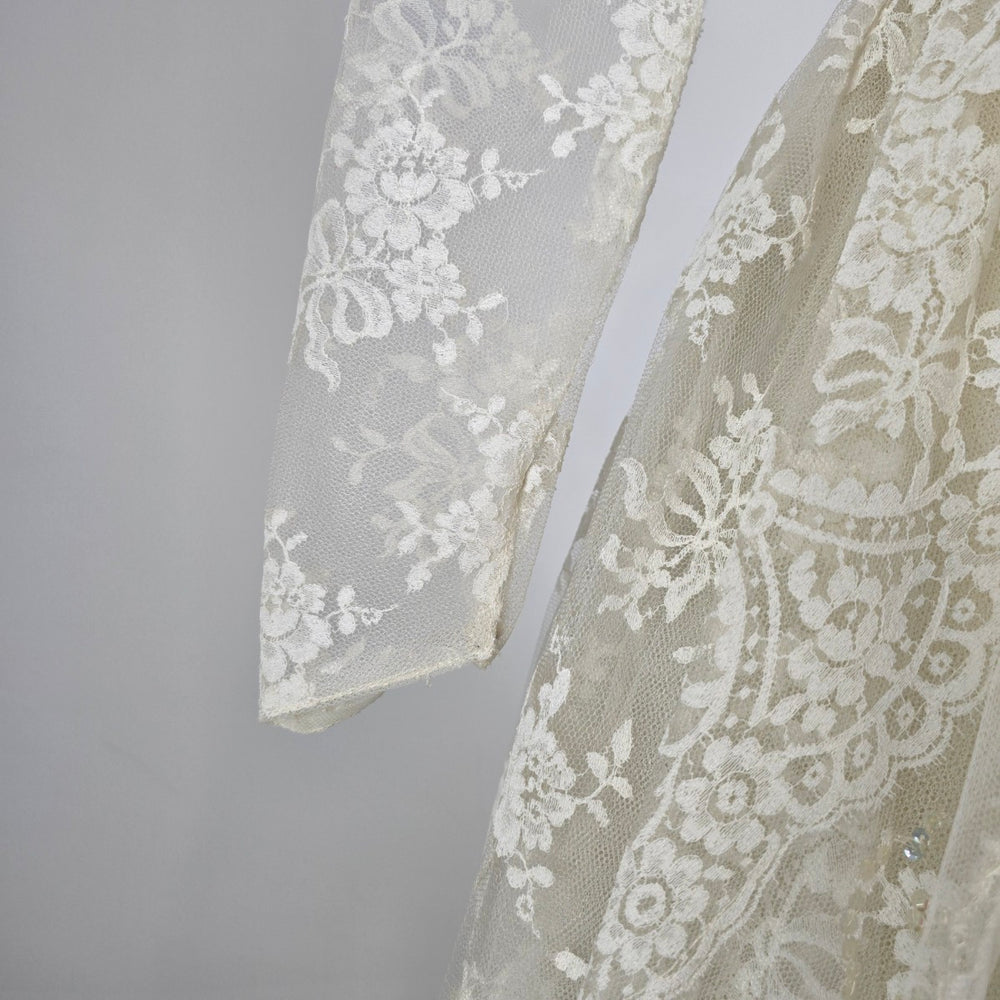 Vintage 70s Lace Tulle Beaded Wedding Dress Bridal Gown