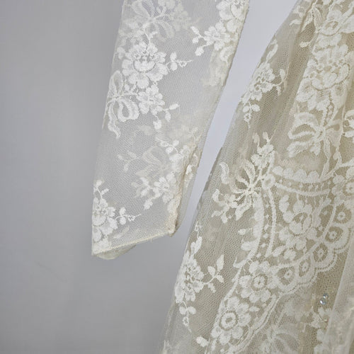 Vintage 70s Lace Tulle Beaded Wedding Dress Bridal Gown