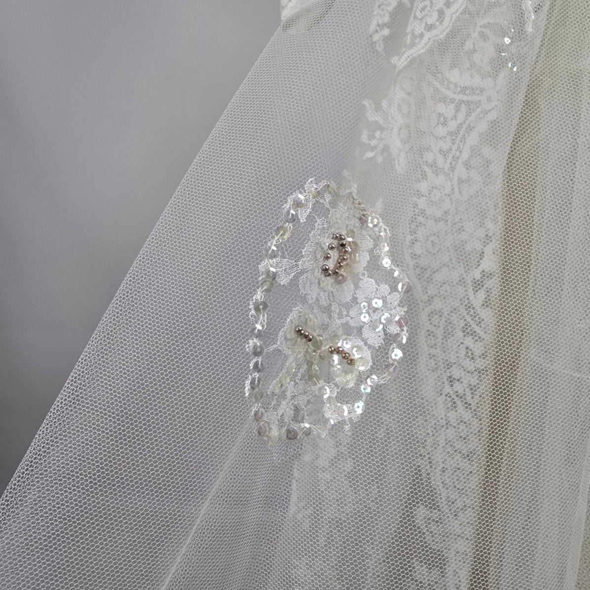 Vintage 70s Lace Tulle Beaded Wedding Dress Bridal Gown