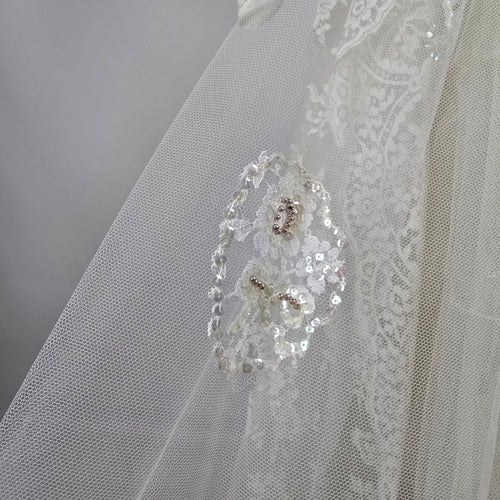 Vintage 70s Lace Tulle Beaded Wedding Dress Bridal Gown