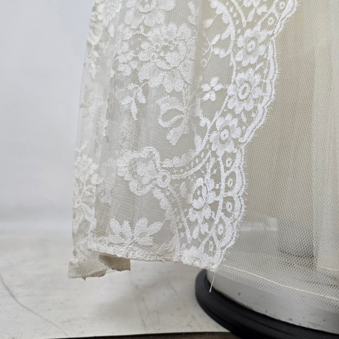 Vintage 70s Lace Tulle Beaded Wedding Dress Bridal Gown
