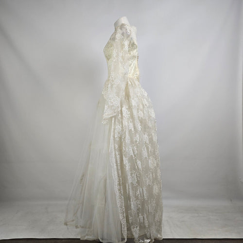 Vintage 70s Lace Tulle Beaded Wedding Dress Bridal Gown
