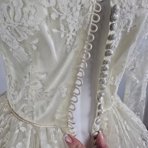 Vintage 70s Lace Tulle Beaded Wedding Dress Bridal Gown