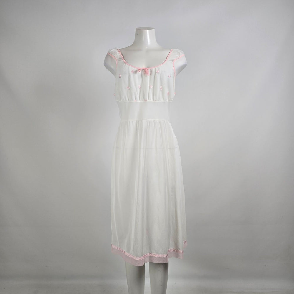Vintage White Pink Embroidered Cotton Nightgown Dress Size S