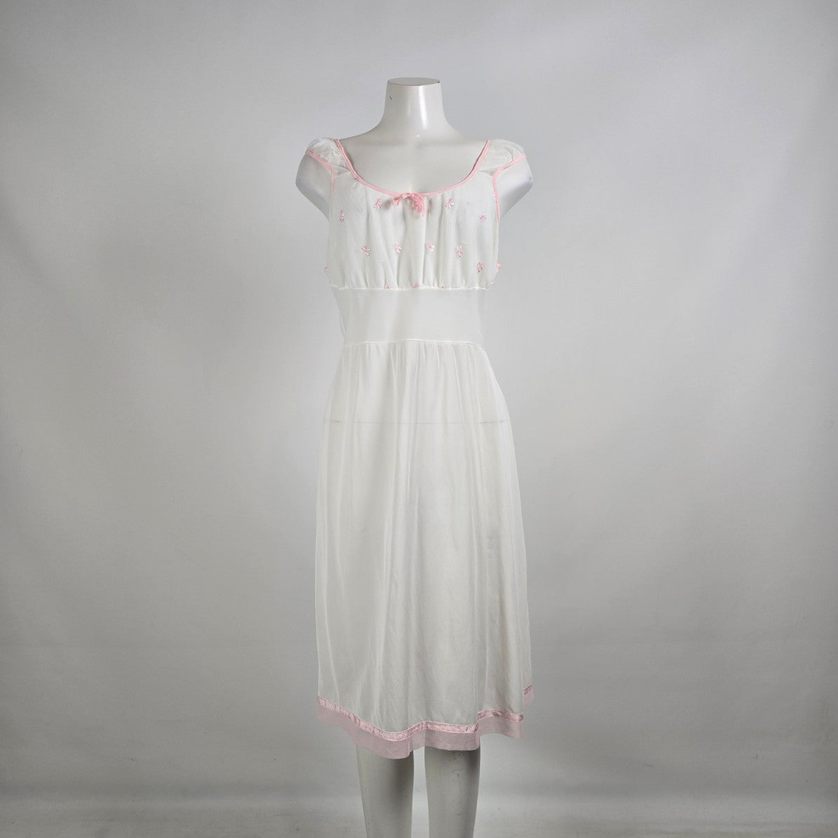 Vintage White Pink Embroidered Cotton Nightgown Dress Size S