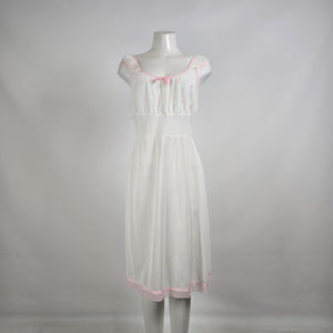 Vintage White Pink Embroidered Cotton Nightgown Dress Size S