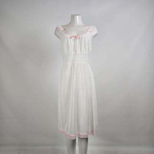 Vintage White Pink Embroidered Cotton Nightgown Dress Size S