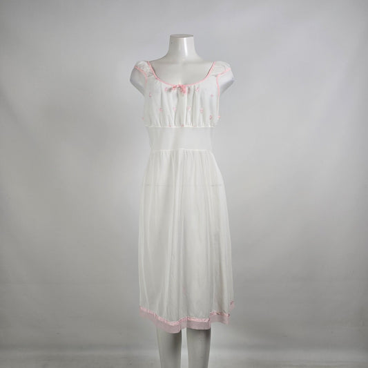 Vintage White Pink Embroidered Cotton Nightgown Dress Size S