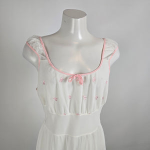 Vintage White Pink Embroidered Cotton Nightgown Dress Size S