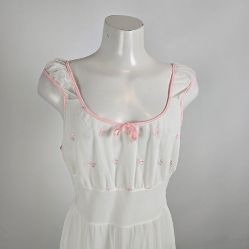 Vintage White Pink Embroidered Cotton Nightgown Dress Size S