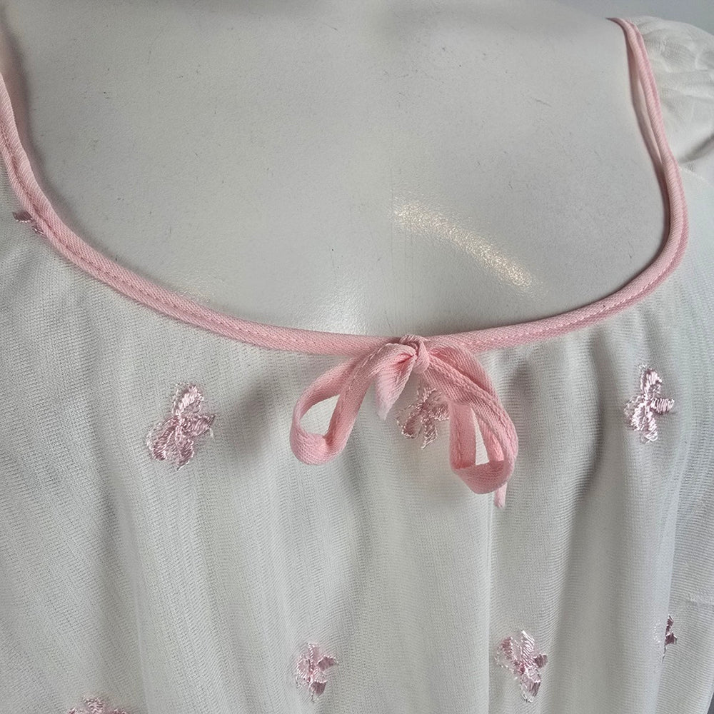 Vintage White Pink Embroidered Cotton Nightgown Dress Size S