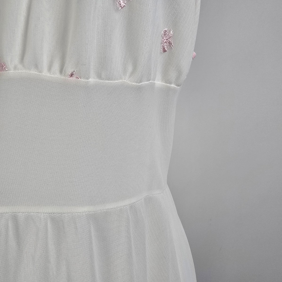 Vintage White Pink Embroidered Cotton Nightgown Dress Size S