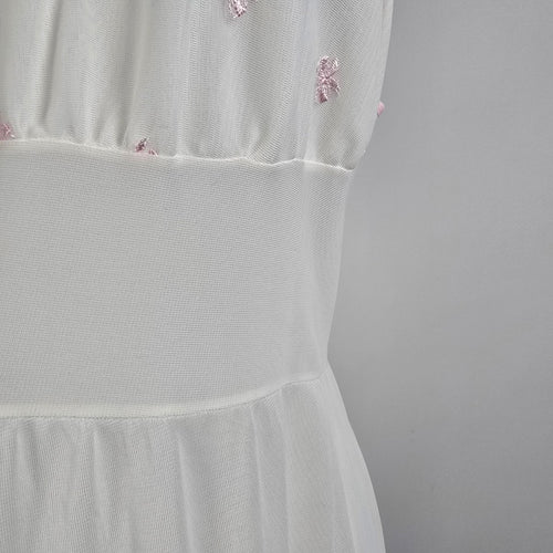 Vintage White Pink Embroidered Cotton Nightgown Dress Size S