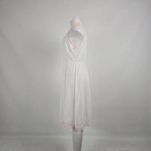 Vintage White Pink Embroidered Cotton Nightgown Dress Size S