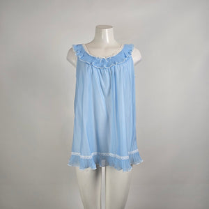 Vintage Blue Pleated Ruffle Nightgown Cami Top Size M/L