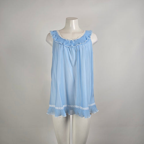 Vintage Blue Pleated Ruffle Nightgown Cami Top Size M/L