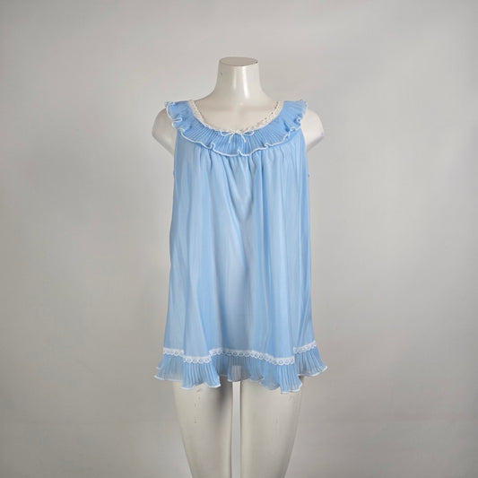 Vintage Blue Pleated Ruffle Nightgown Cami Top Size M/L