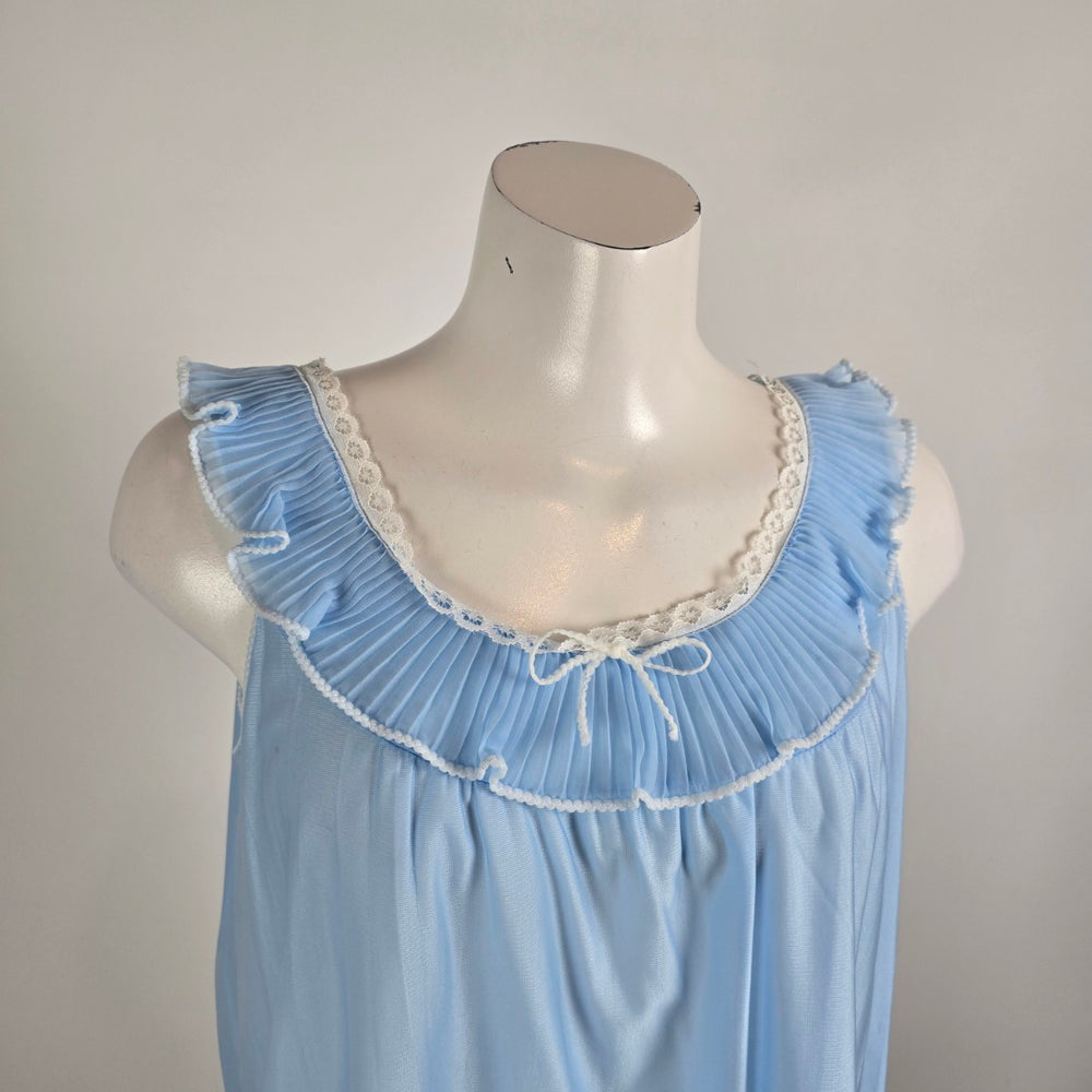 Vintage Blue Pleated Ruffle Nightgown Cami Top Size M/L