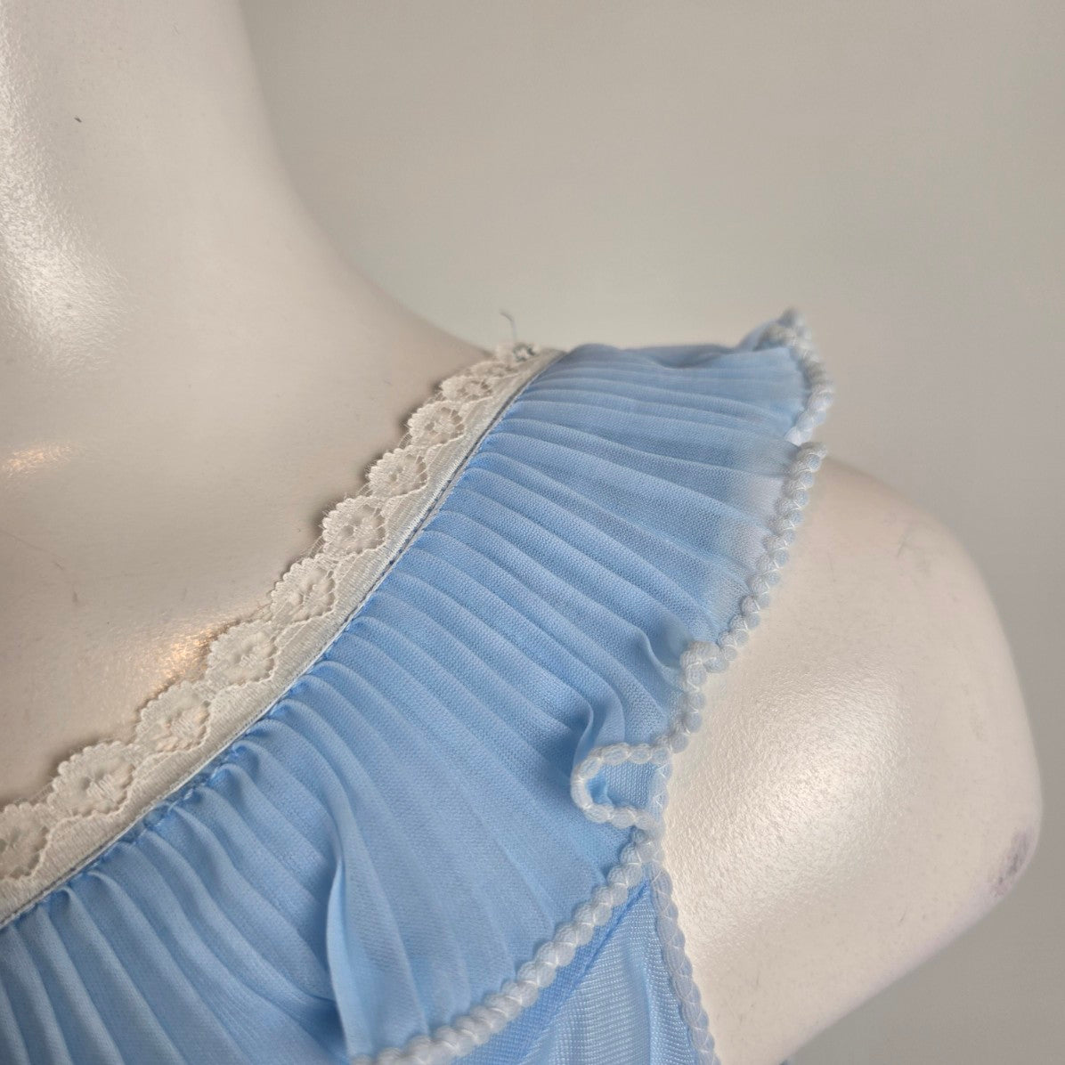 Vintage Blue Pleated Ruffle Nightgown Cami Top Size M/L