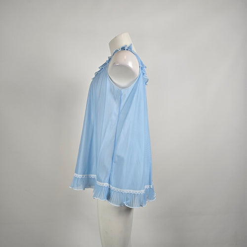 Vintage Blue Pleated Ruffle Nightgown Cami Top Size M/L