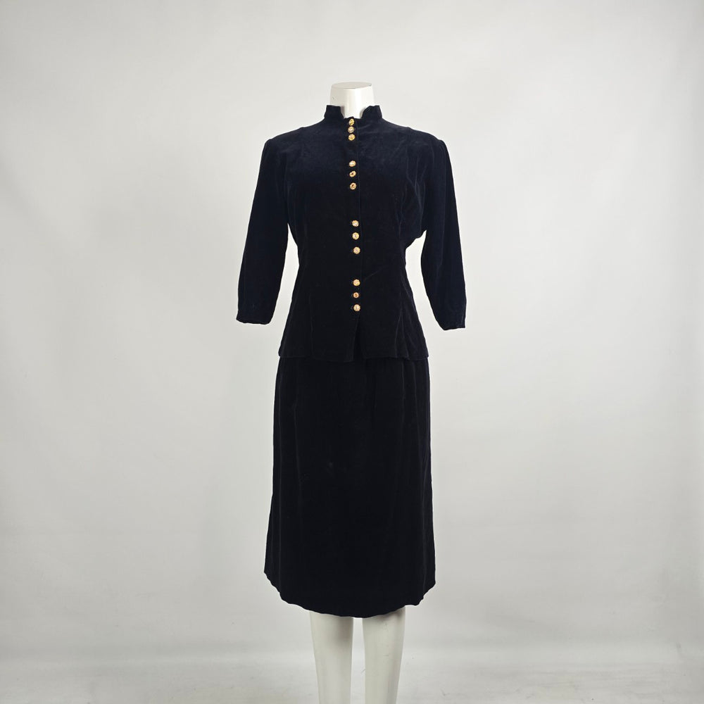 Vintage Black Velvet Gold Button Jacket Skirt Set Size S