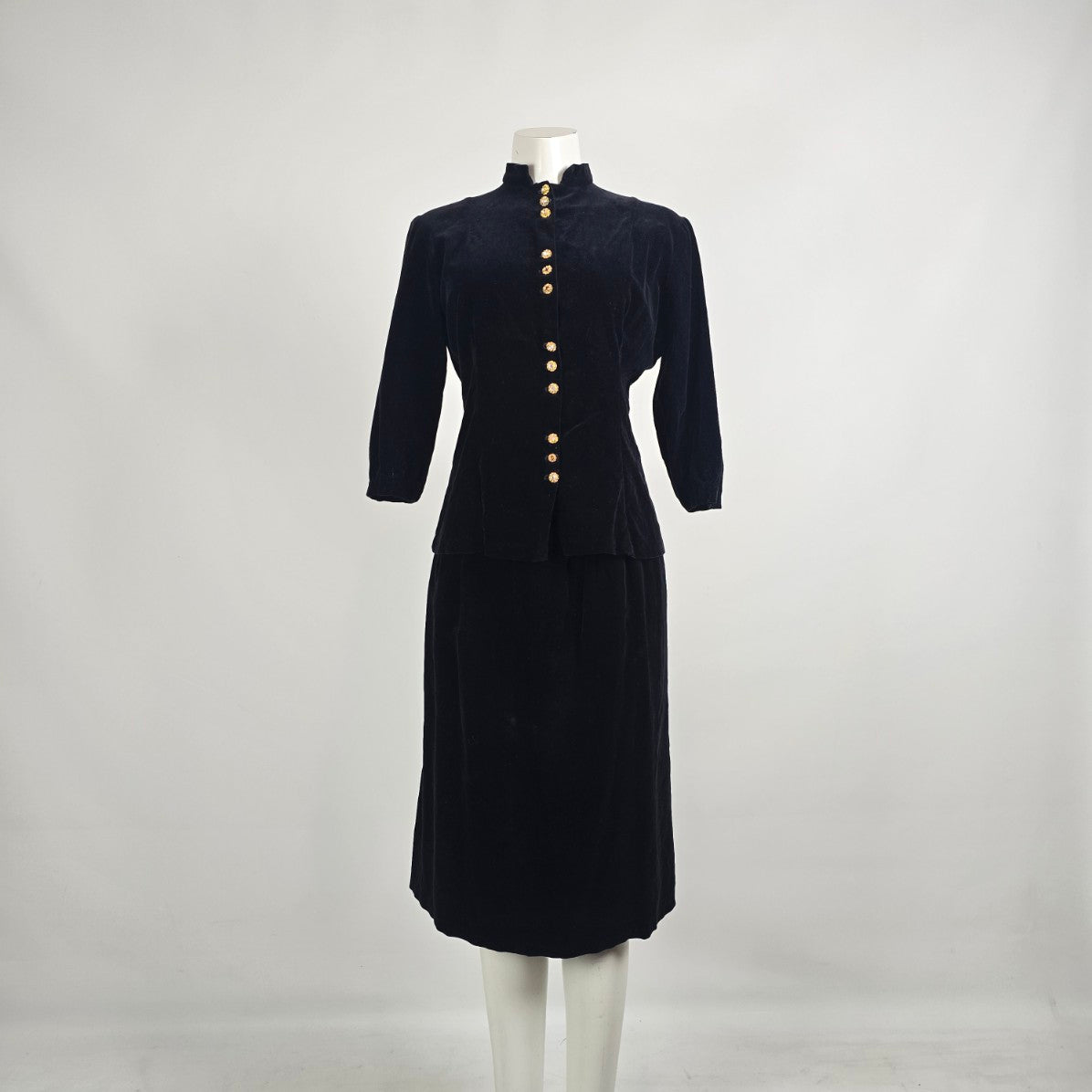 Vintage Black Velvet Gold Button Jacket Skirt Set Size S