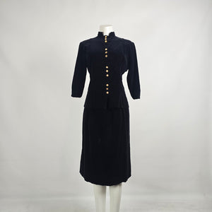 Vintage Black Velvet Gold Button Jacket Skirt Set Size S
