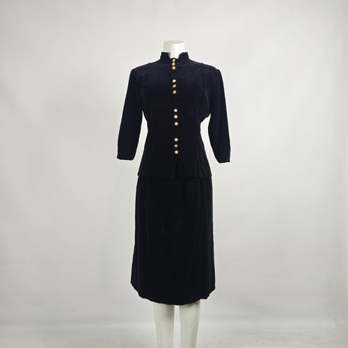 Vintage Black Velvet Gold Button Jacket Skirt Set Size S