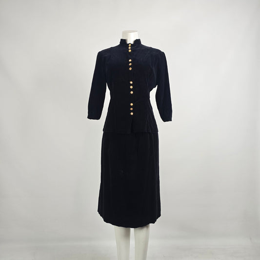 Vintage Black Velvet Gold Button Jacket Skirt Set Size S