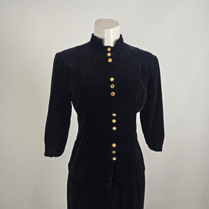 Vintage Black Velvet Gold Button Jacket Skirt Set Size S