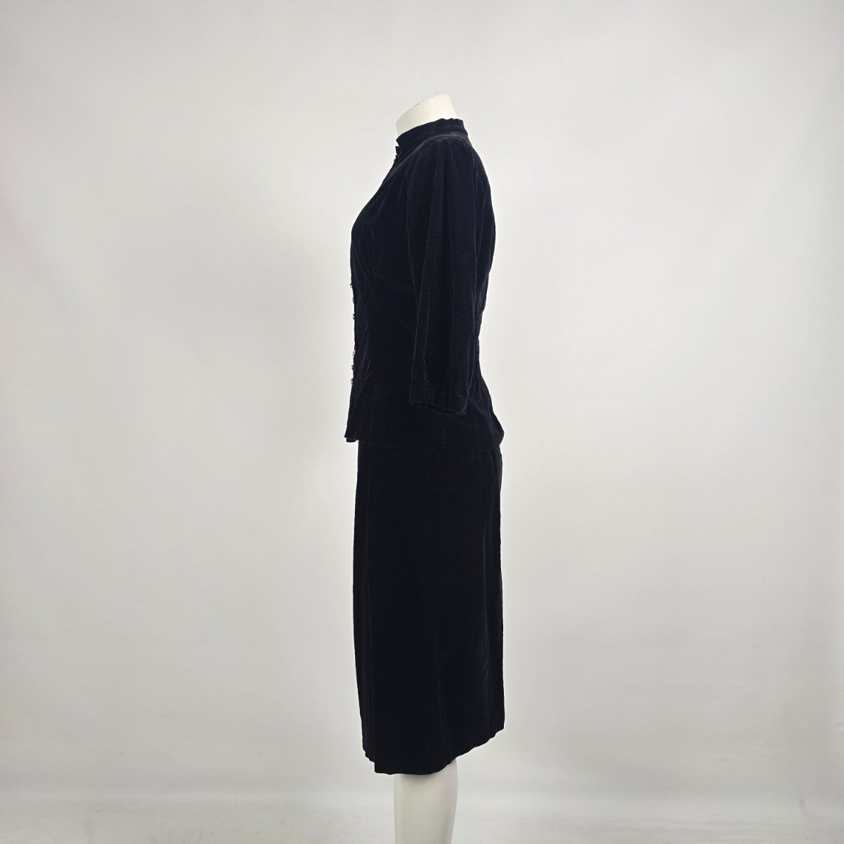 Vintage Black Velvet Gold Button Jacket Skirt Set Size S