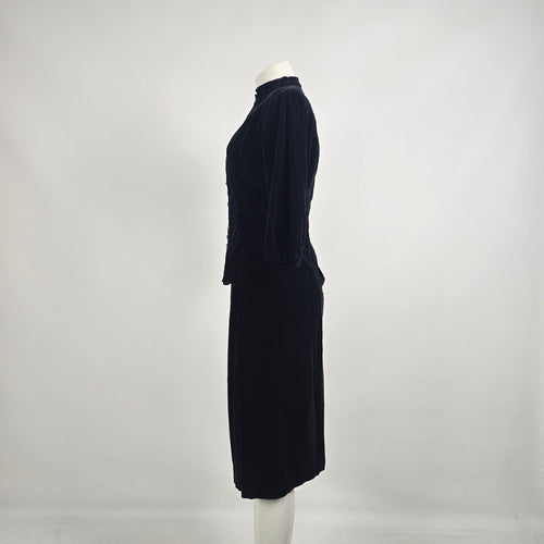 Vintage Black Velvet Gold Button Jacket Skirt Set Size S