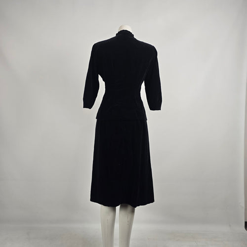 Vintage Black Velvet Gold Button Jacket Skirt Set Size S