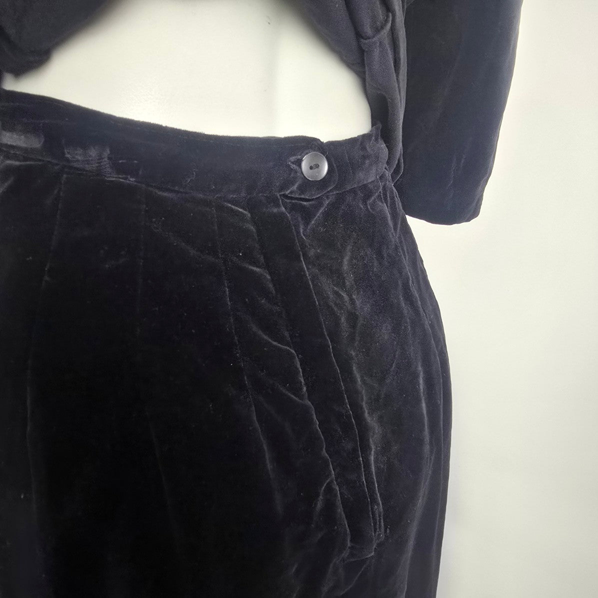 Vintage Black Velvet Gold Button Jacket Skirt Set Size S