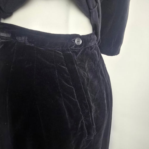 Vintage Black Velvet Gold Button Jacket Skirt Set Size S