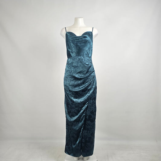 Lulus Teal Satin Floral Cowl Neck Maxi Dress Sz M