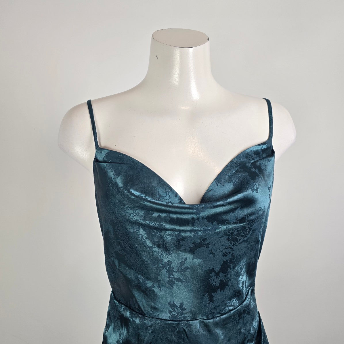 Lulus Teal Satin Floral Cowl Neck Maxi Dress Sz M