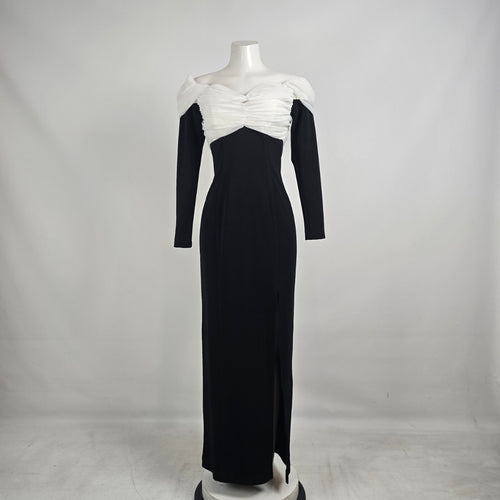 Vintage Lori Ann Black White Off Shoulder Formal Gown Sz 10