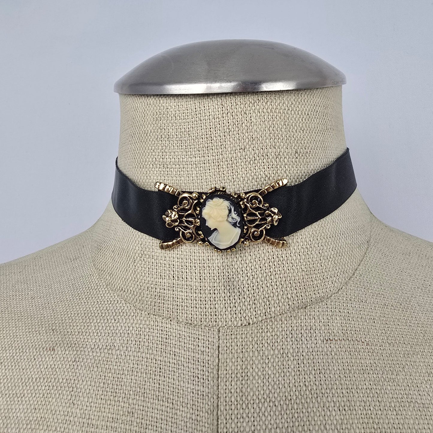 Vintage Black Ribbon Cameo Choker Necklace