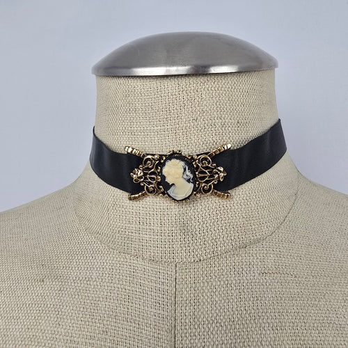 Vintage Black Ribbon Cameo Choker Necklace